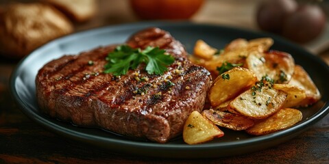 Grilled steak served with potato chips and garnished with fresh herbs