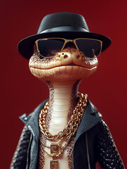 Serpentine Swagger: The Fashion-Forward Snake in Black Leather and Gold Chains