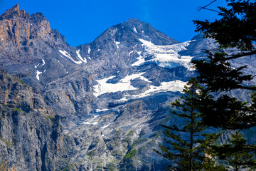 Landscape with white clouds and blue sky around Lake Oeschinen in Switzerland