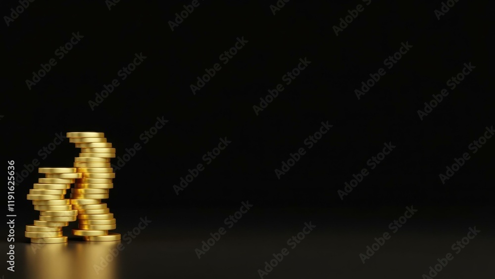 Poster golden coin stack on left. soft green background. copy space for text, 3d render ai generated design