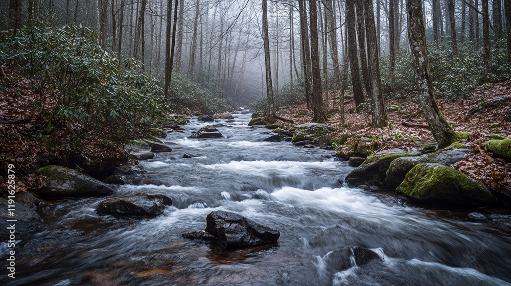 Poster tranquil stream flows through a misty forest in a serene natural setting