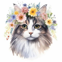 Watercolor Illustration of a Cat Wearing a Floral Crown - Perfect for Pet Lovers, Greeting Cards, and Home Decor