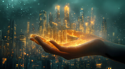 Digital hand holding futuristic cityscape with glowing skyscrapers representing innovation in urban technology. Rivermist. Illustration