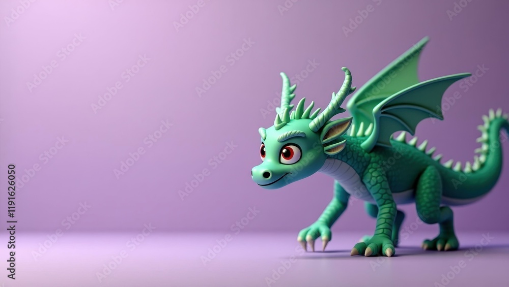 Poster rich viridian green mythical dragon on right. soft red background. copy space for text, 3d render ai