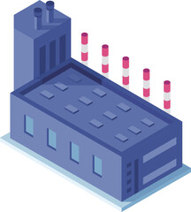 Isometric vector illustration representing a modern factory building with smoking chimneys polluting the environment, symbolizing industrial production and its impact on the planet