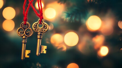 Two antique golden keys tied with red string and lights. Valentine's day concept