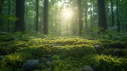 Sunlit Forest Floor Mossy Ground Lush Green Canopy