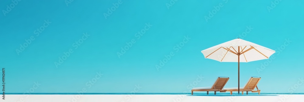 Poster two empty sunbeds and a parasol resting on pristine white sand, overlooking crystal clear turquoise 