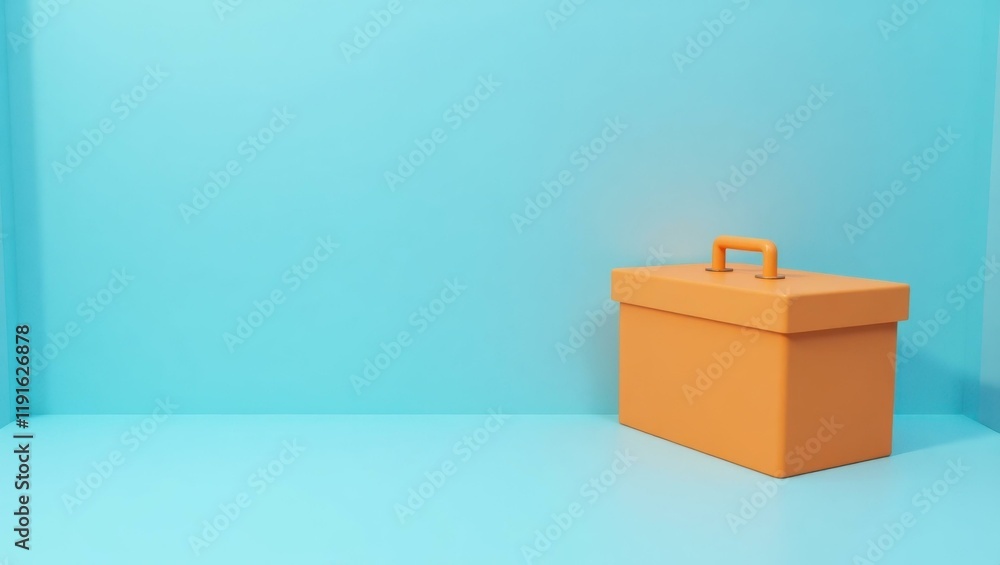 Poster neon orange toolbox on left. soft green background. copy space for text, 3d render ai generated desi