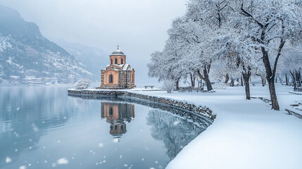 Winter wonderland scene with a church and snow-covered trees by a calm lake