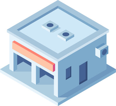 Minimalist isometric building with two garage doors, a blank sign for customization, air conditioning units on the roof and on a side wall, representing a store or a small factory