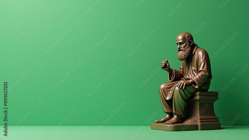 Poster bronze philosopher's sculpture on right. soft red background. copy space for text, 3d render ai gene