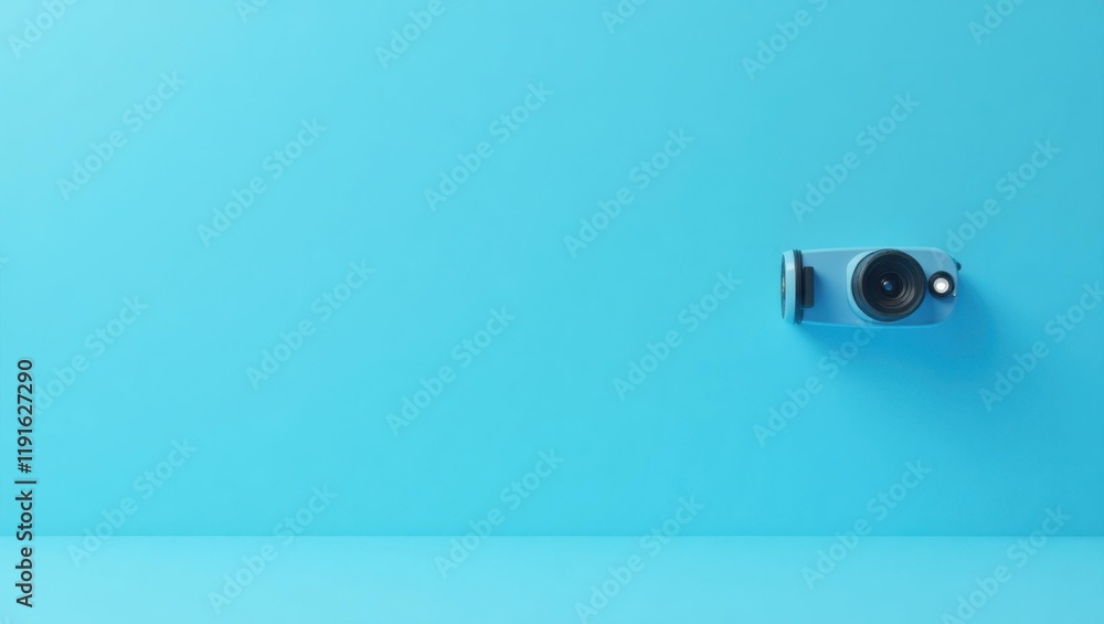 Poster cyan blue documentary drone camera on right. soft blue background. copy space for text, 3d render ai