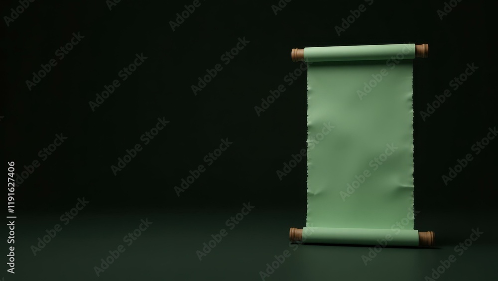 Poster sage green philosopher's scroll on right. soft blue background. copy space for text, 3d render ai ge