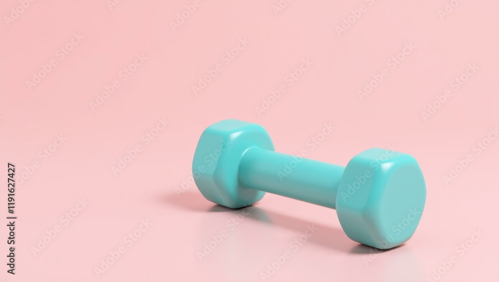 Poster turquoise dumbbell on right. soft orange background. copy space for text, 3d render ai generated des