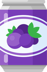 Aluminum can with purple grape juice and stylized bunch of grapes with green leaves, isolated on white background, ideal for healthy and refreshing themes