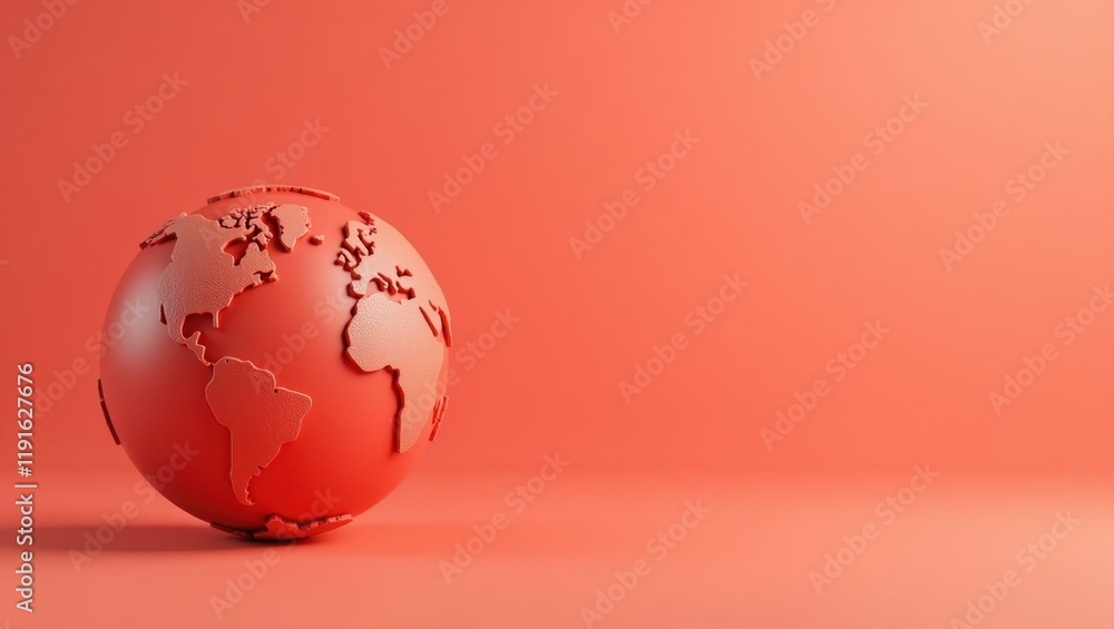 Poster earth globe in red on left. soft coral background. copy space for text, 3d render ai generated desig