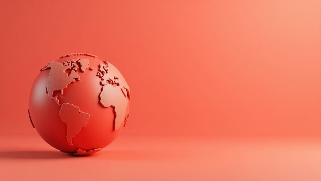 Earth globe in red on left. Soft coral background. Copy space for text, 3D render AI Generated Designer Element