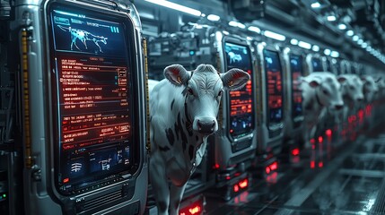 Futuristic dairy farm with cows monitored by AI health trackers each animals vital signs displayed on a digital dashboard as robotic arms deliver feed