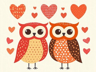 Two cute, cartoon-style owls with hearts surround them, symbolizing love and affection in a playful and colorful design.