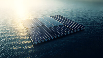 A floating solar panel array set on calm water under a cloudy sky, symbolizing renewable energy innovation, eco-friendly technology, and sustainable solutions for clean energy production.
