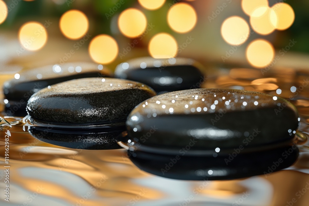Poster smooth stones resting on water surface with soft glowing lights in background