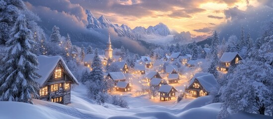 Charming snowy alpine village at sunset with glowing cottages church and illuminated trees against a backdrop of majestic snow capped mountains in a peaceful fairytale like winter landscape