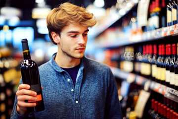 A young man in a blue shirt examines a wine bottle in a supermarket aisle. Concept of shopping and decision-making. For wine selection guidance.