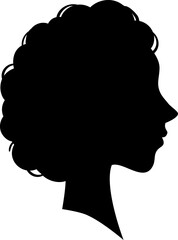 Black silhouette profile of a young woman with curly hair looking to the right, isolated on a white background, ideal for avatars or conceptual images