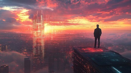 Fototapeta premium Man standing on roof of building, city skyline, bright red horizon