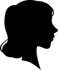 Black silhouette profile of a woman with retro hairstyle looking to the right, isolated on a white background, ideal for avatars or vintage projects