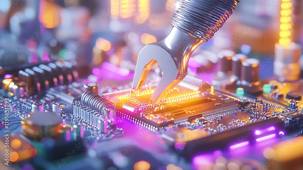 Poster close-up of a metallic tool inserting a cpu into a glowing circuit board.