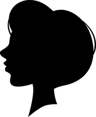 Black silhouette profile of a woman with elegant hairstyle looking left, isolated on a white background, ideal for beauty, fashion and style related concepts