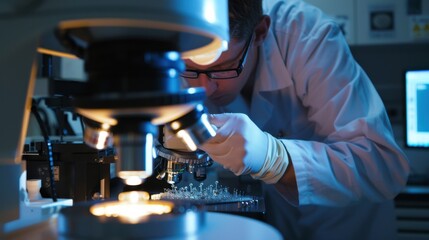 A cutting-edge nanotechnology research lab with scientists manipulating atoms under electron microscopes, Nanotechnology lab scene, Microscopic exploration style