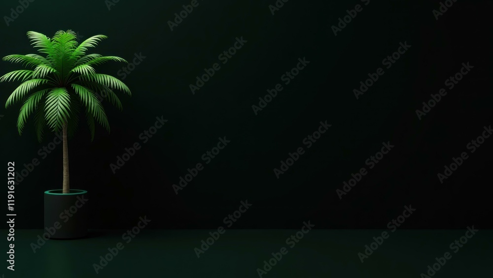 Poster emerald green palm tree on right. soft purple background. copy space for text, 3d render ai generate