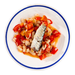 Appetizing salad with fish sardines, beans and pim tom served on platter. Isolated over white background
