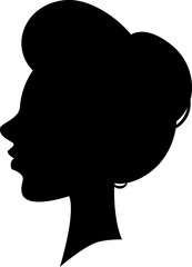 Black silhouette profile of a woman with elegant hairstyle facing left, isolated on a white background, suitable for beauty salon, fashion and hairstyle concepts