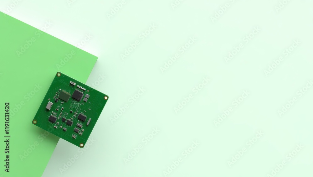 Fototapete green circuit board piece on left. soft red background. copy space for text, 3d render ai generated 
