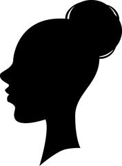 Black silhouette profile of a woman with a bun hairstyle looking left, isolated on a white background, representing beauty, fashion, and femininity