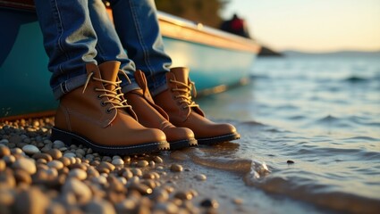 Autumn Footwear. Brown leather boots on pebbled shore with calm sea at