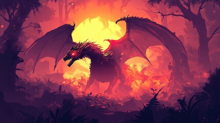 Fiery Dragon Stands In A Crimson Forest At Dusk