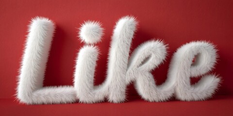 3D text "LIKE" made of white fur on a red background, in a minimalistic style, with bold typography design, a playful and cute font, a fluffy texture, vibrant colors, high resolution, a professional p