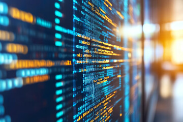 Blurry rows of glowing code are displayed on a digital screen. Concept of software development. For tech education.