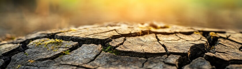 Cracked Wood and Moss in Sunlight