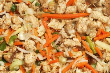 Chicken stew with mixed Chinese vegetables. Vibrant dish with tender chicken pieces texture. Colorful vegetables and aromatic spices background. Savory, flavorful stirfry blend.