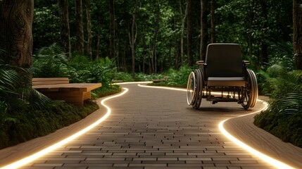 Motorized Wheelchair on Pathway Surrounded by Lush Green Forest Environment