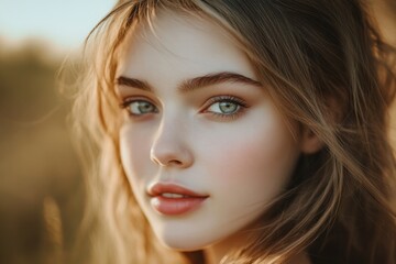 Young woman with striking blue-green eyes enjoying a warm sunset in a natural setting