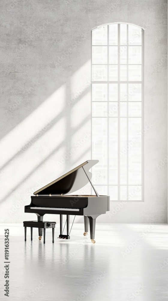 Poster black grand piano with open lid and matching bench sits in spacious, minimalist room with concrete w