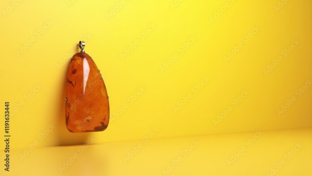 Poster amber saber tooth pendant on left. soft green background. copy space for text, 3d render ai generate