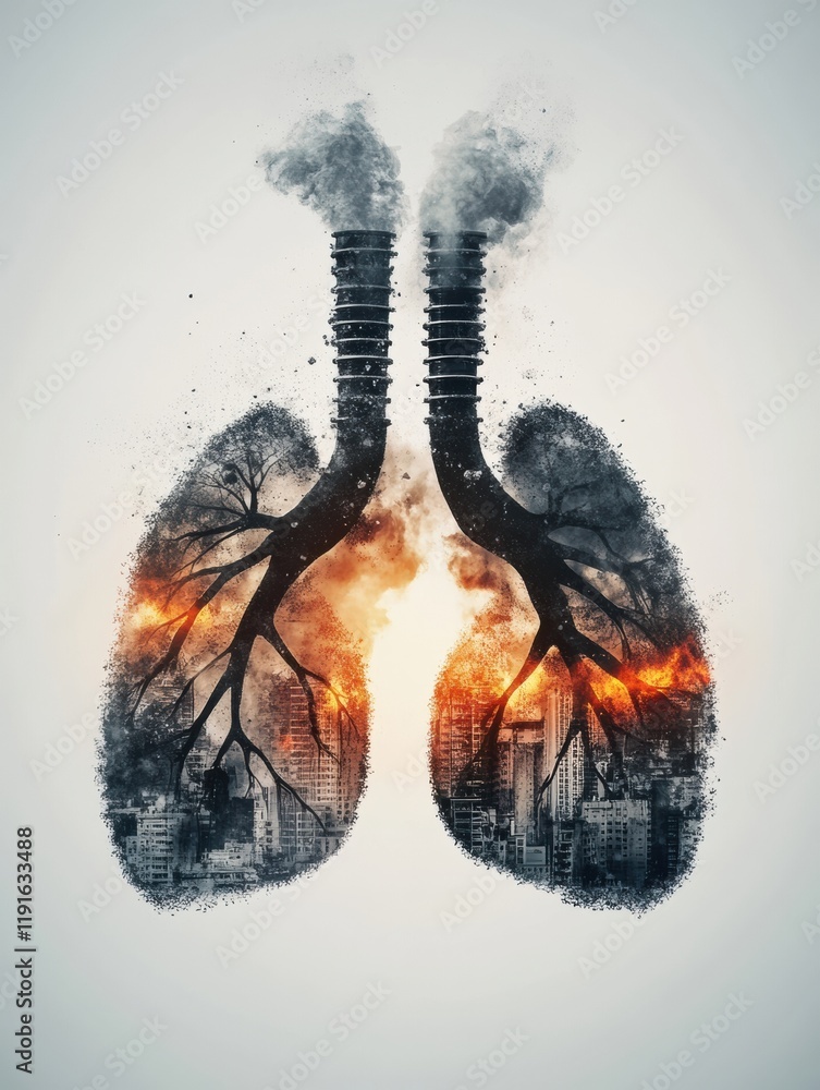 Poster realistic depiction of lungs immersed in urban smog and dust with a backdrop of destruction. generat